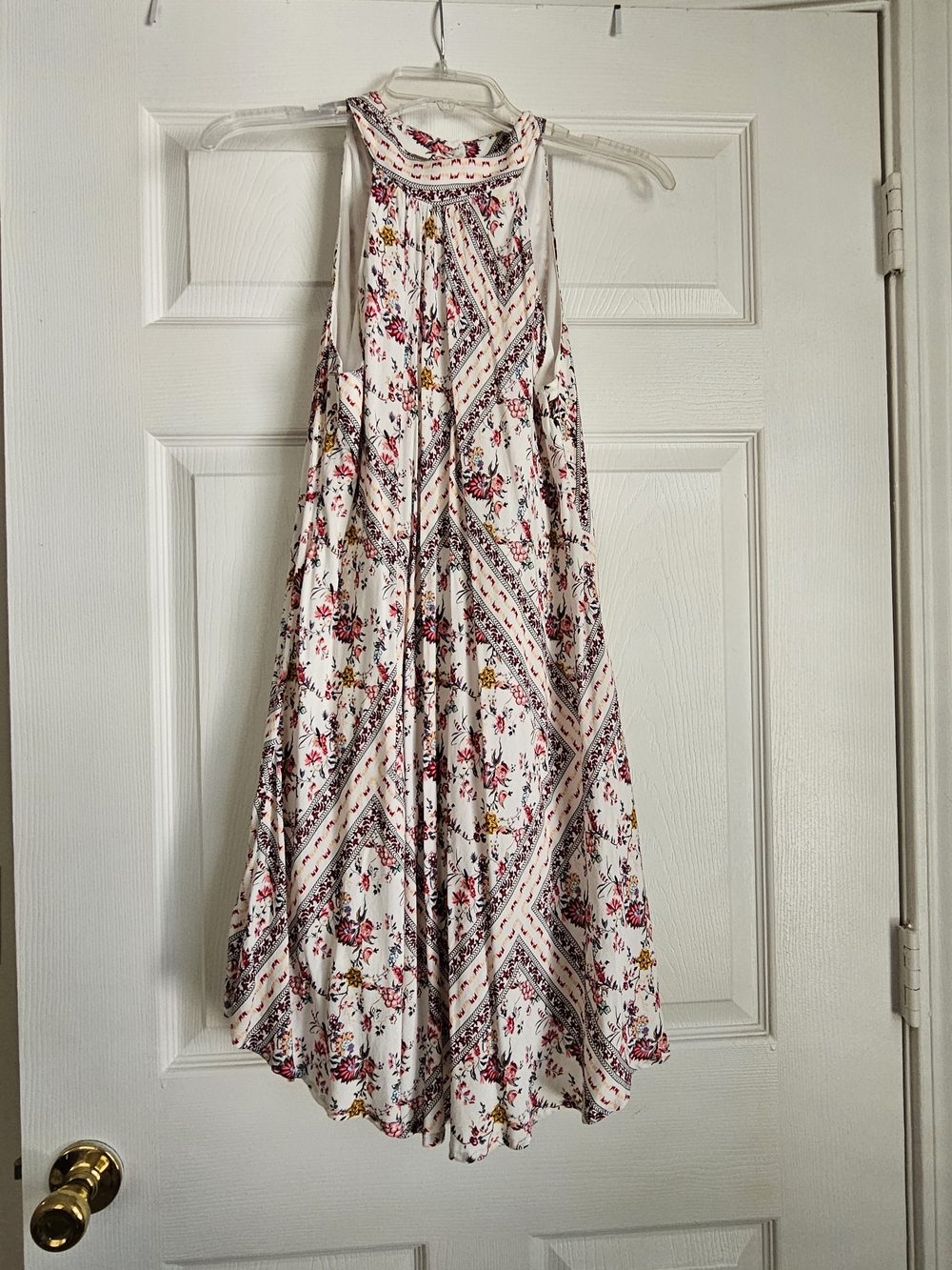 entro White Floral Halter Circle Skater Dress with Pink and Mustard Accents